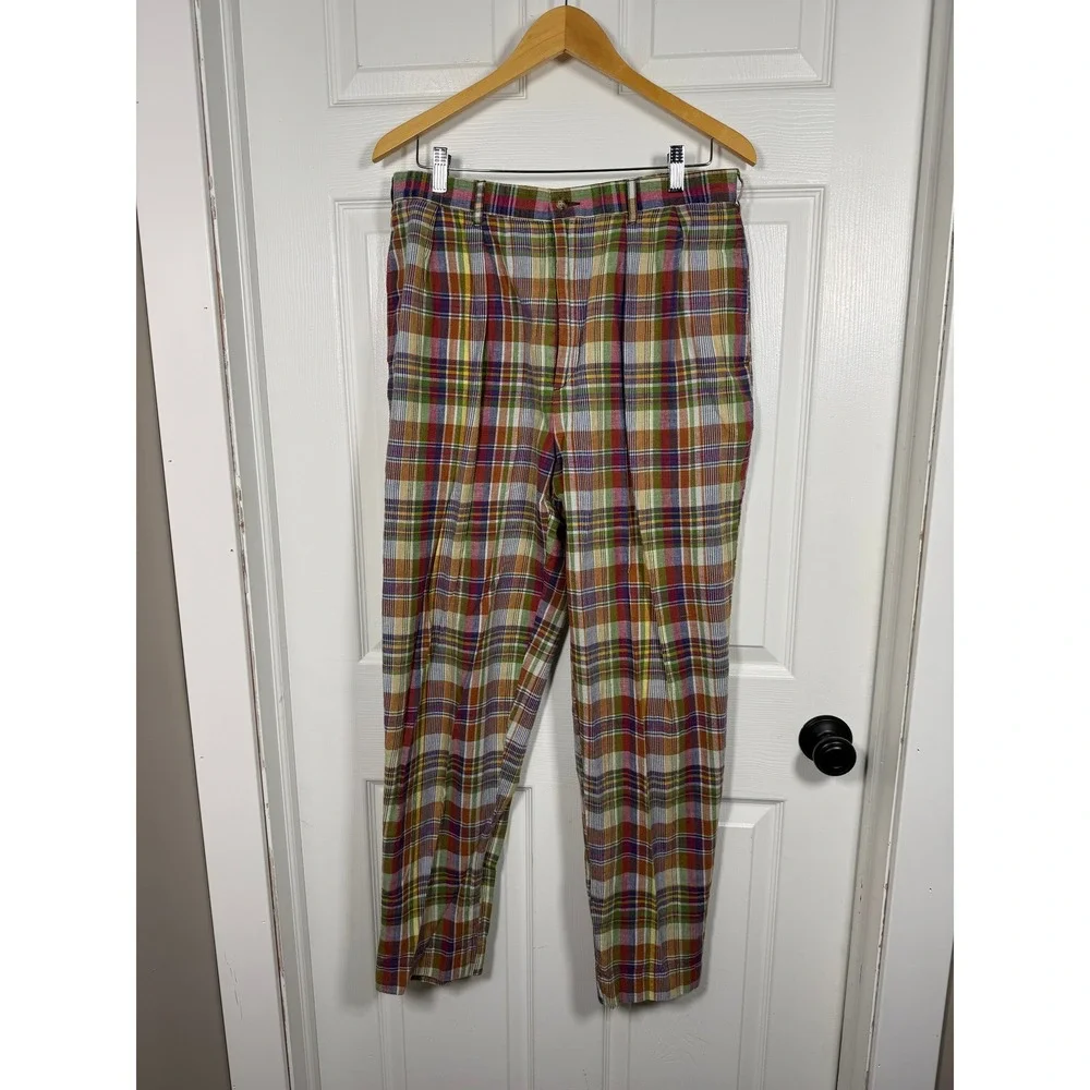Vintage J.Crew‎ Mens 34 Plaid Pleated Cotton Trousers Multi Color Madras Chinos